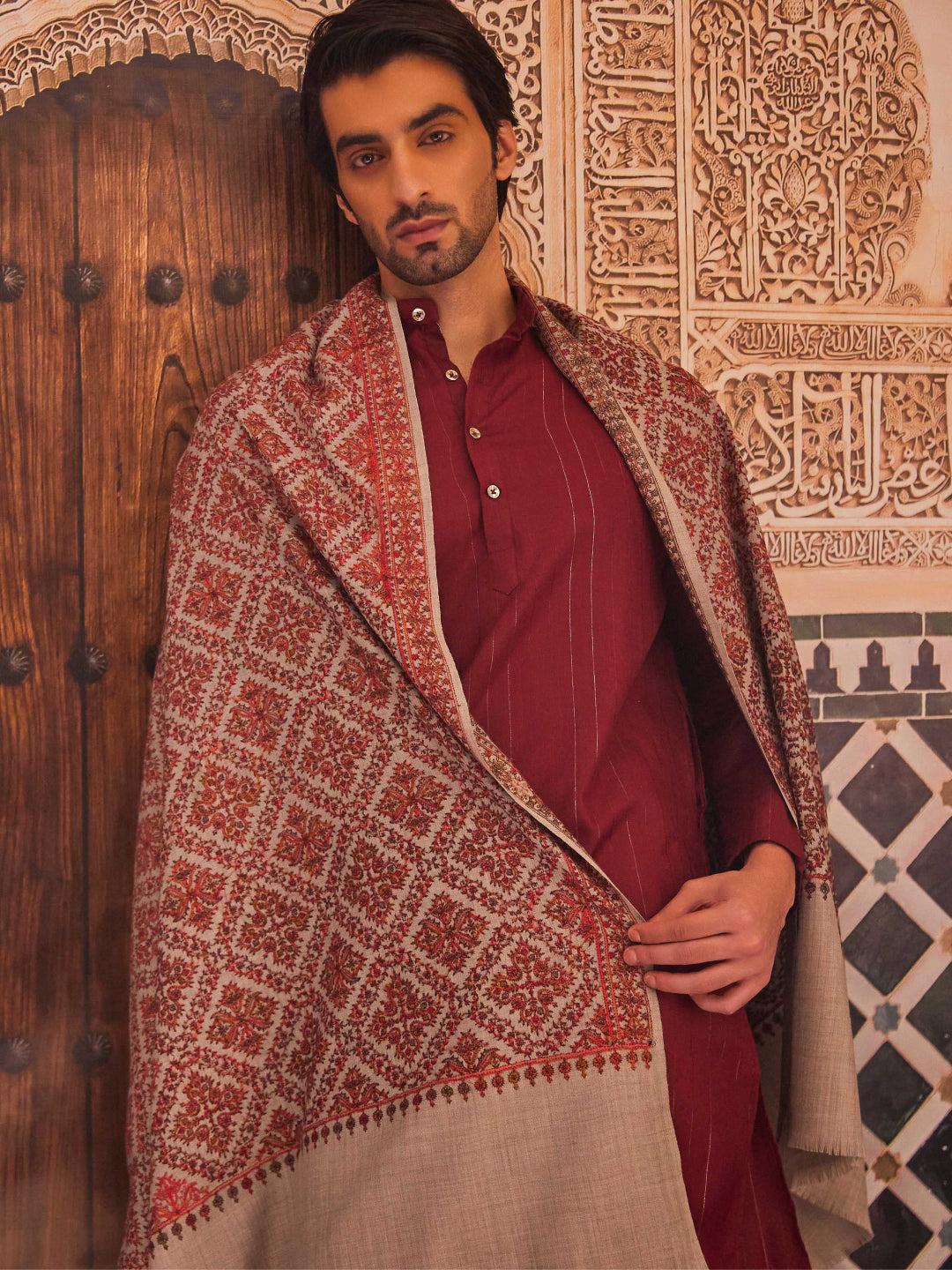 Pashmoda Men 100% Pure Wool Fabric Sozni Embroidered Shawl (Size: 101x203 Cm)