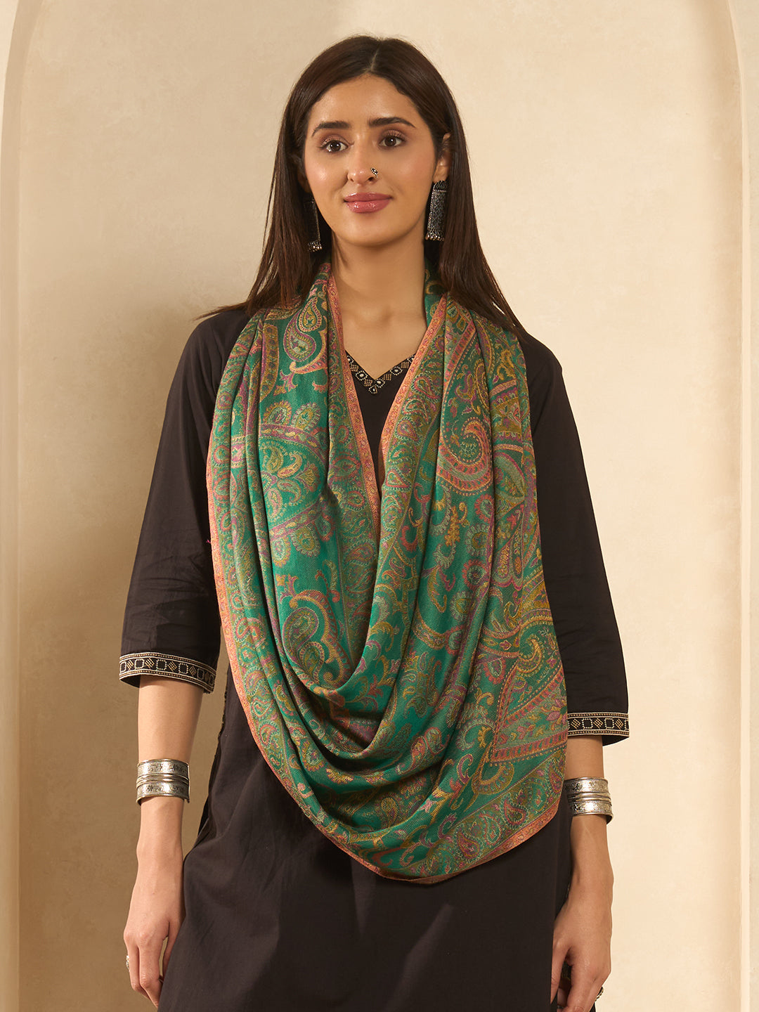 Pashmoda  Imperial Ambi Kaani Stole for Women, Wool Blend Pashmina Style Shawl Wrap, Traditional Kashmiri Jamawar Woven Design, Luxury Evening & Festive Scarf (28 x 80 Inches)