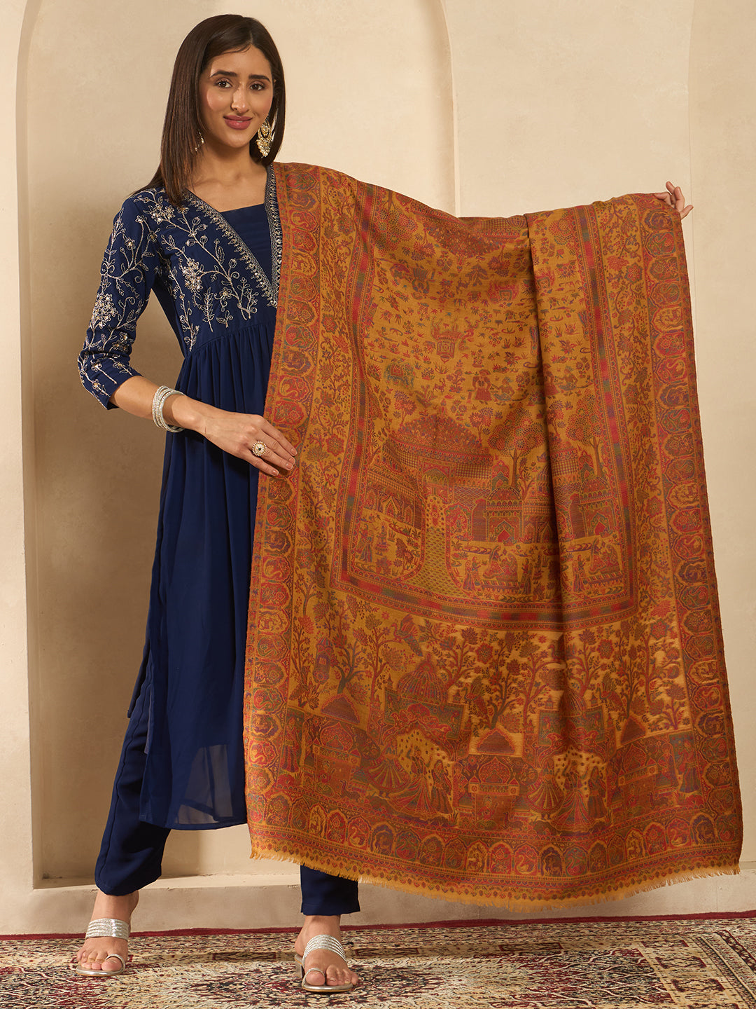 Pashmoda Women Shahi Manzar Kaani Wool Blend Kashmiri Shawl, Stole, Scarf | Luxury Pashmina Jamawar Soft Warm Evening Wrap (Size 40X80 inches )