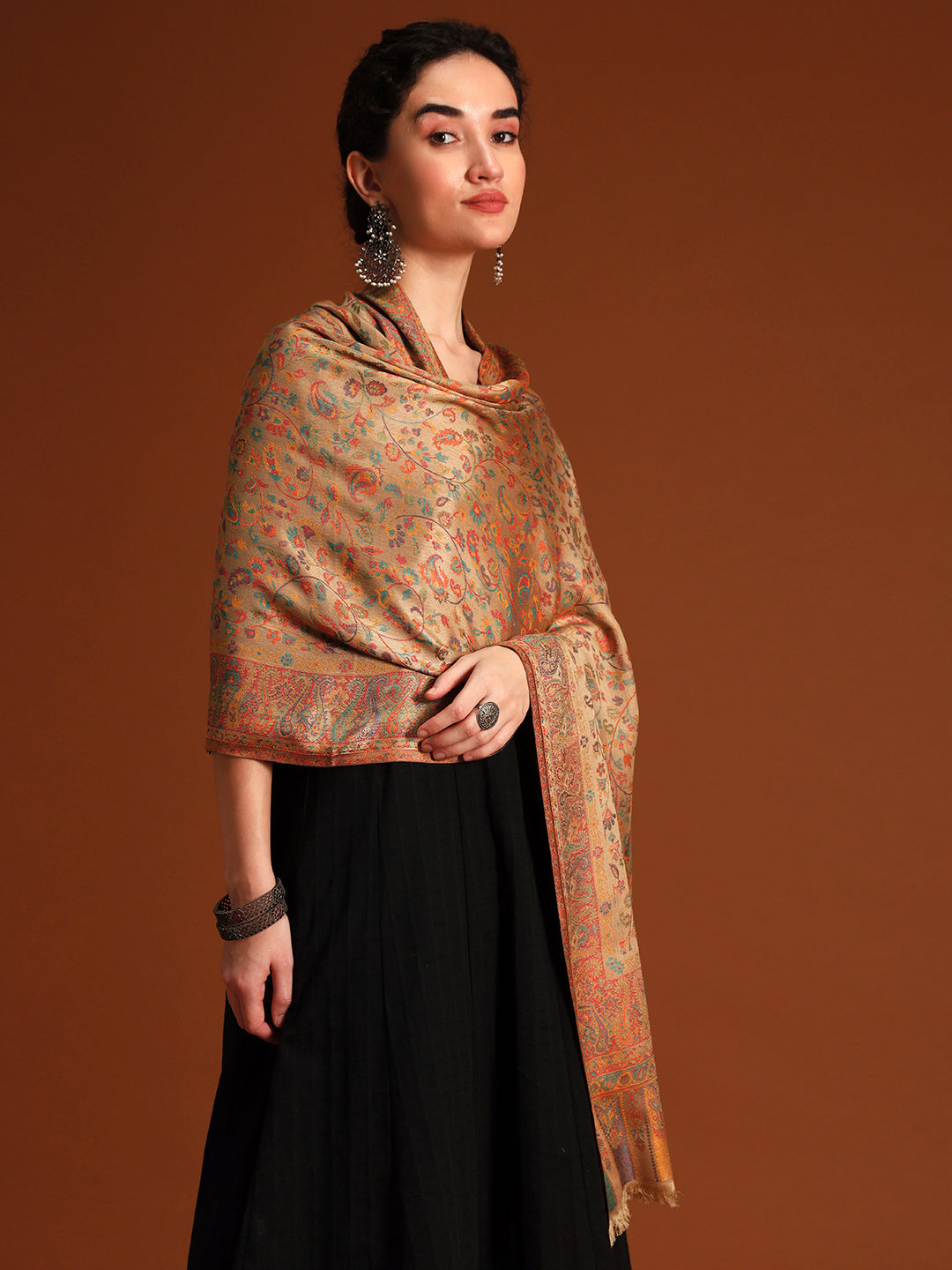 Pashmoda  Imperial Royal botanica Stole for Women, Wool Blend Pashmina Style Shawl Wrap, Traditional Kashmiri Jamawar Woven Design, Luxury Evening & Festive Scarf (28 x 80 Inches)