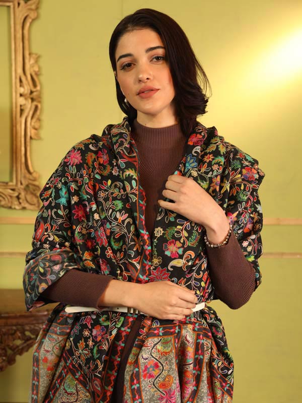Pure Wool Fabric Kalamkari Embroidered Shawl (Size 40x80)
