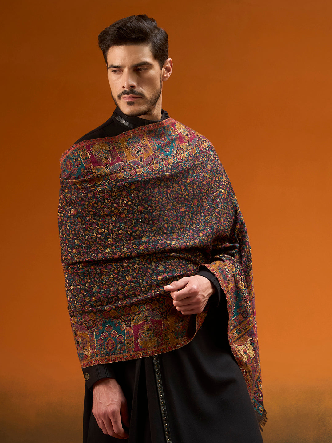 Pashmoda Men Persian Court Kaani Stole, Authentic Kashmiri Pashmina Style Wool Shawl, Gents Lohi Wrap, Traditional Jamawar Woven Design, Black Colour (28 x 80 Inches)