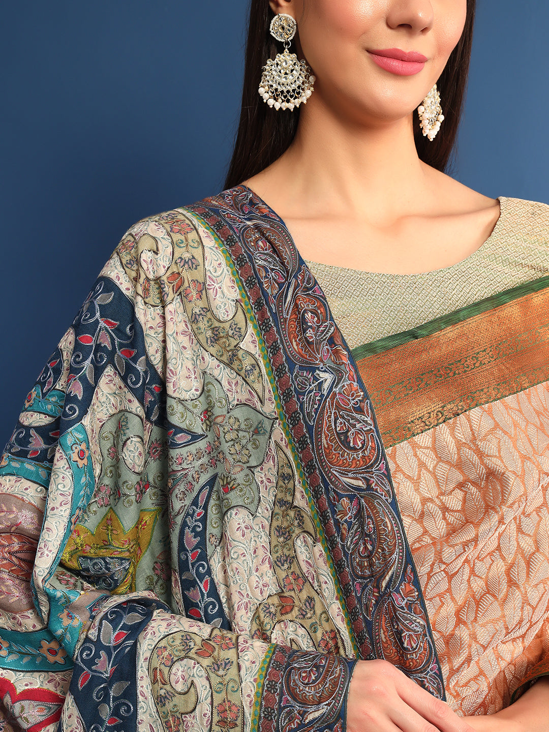 Women Mehar Fine Wool Fabric Pashmina Kalamkari Embroidered Shawl (Size: 115x230 CM)