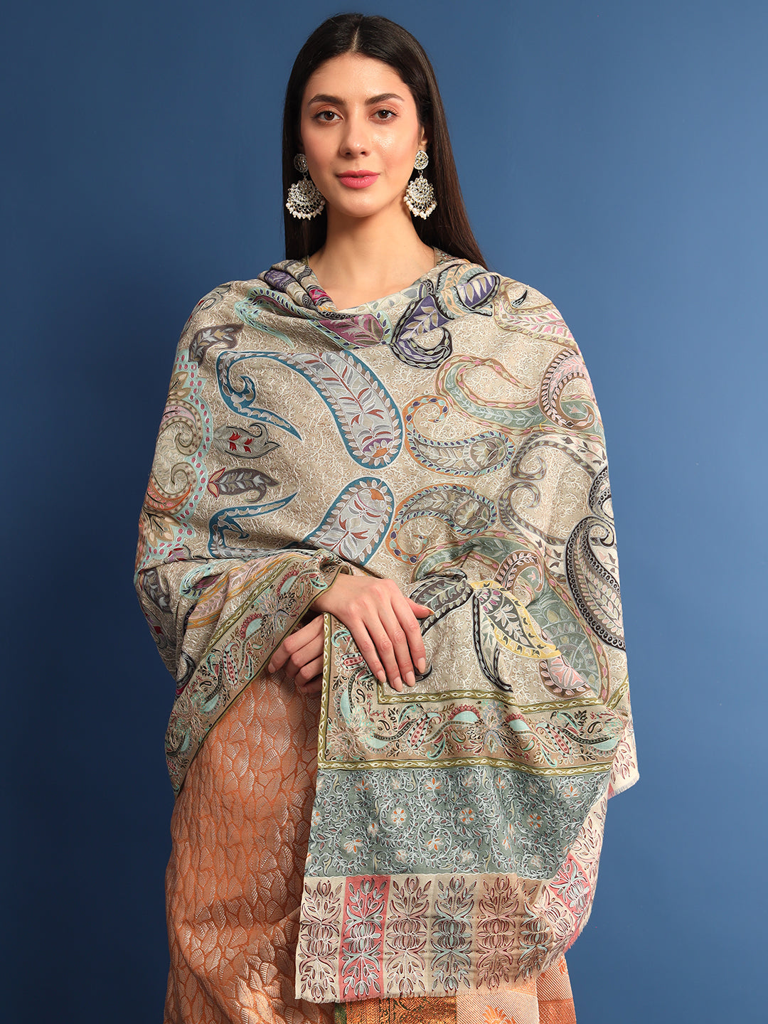 Women Fiza Fine Wool Fabric Pashmina Kalamkari Embroidered Shawl (Size: 115x230 CM)