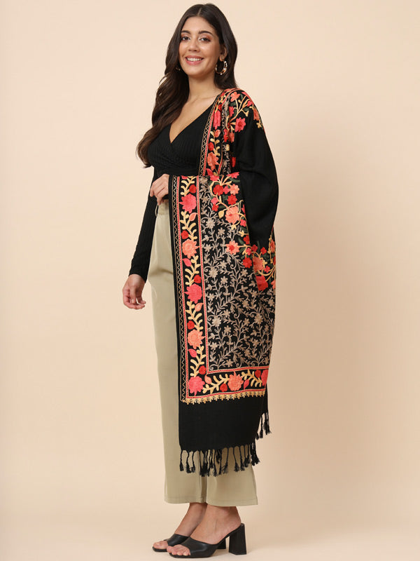 Women’s Black Aari Embroidered Shawl (Size 71X203 CM)