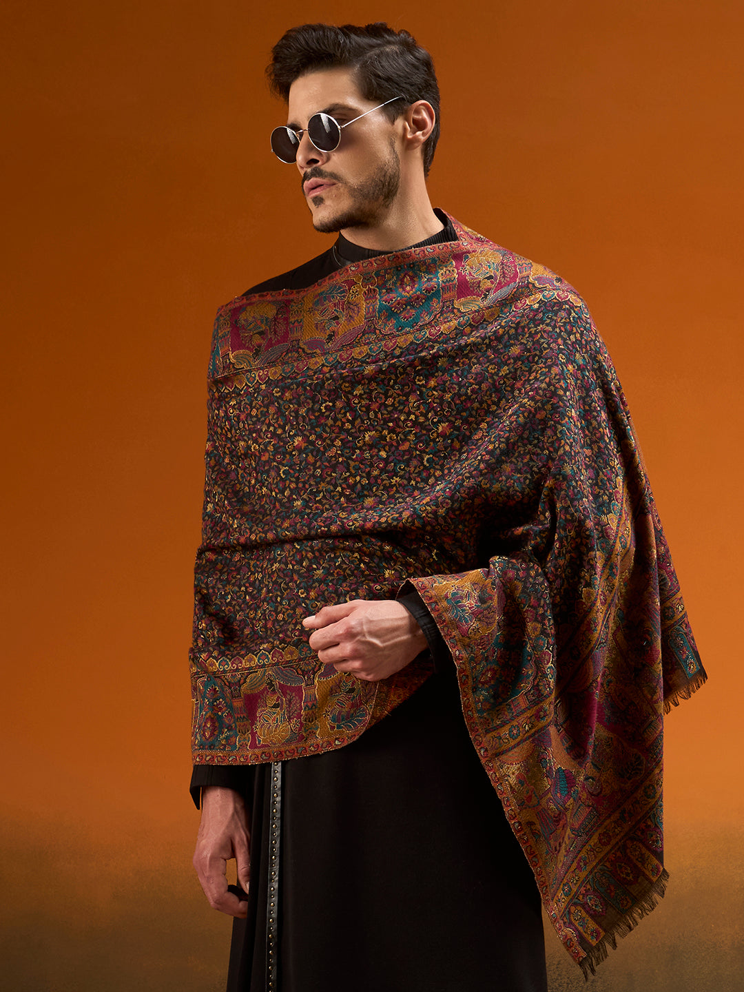 Pashmoda Men Persian Court Kaani Stole, Authentic Kashmiri Pashmina Style Wool Shawl, Gents Lohi Wrap, Traditional Jamawar Woven Design, Black Colour (28 x 80 Inches)