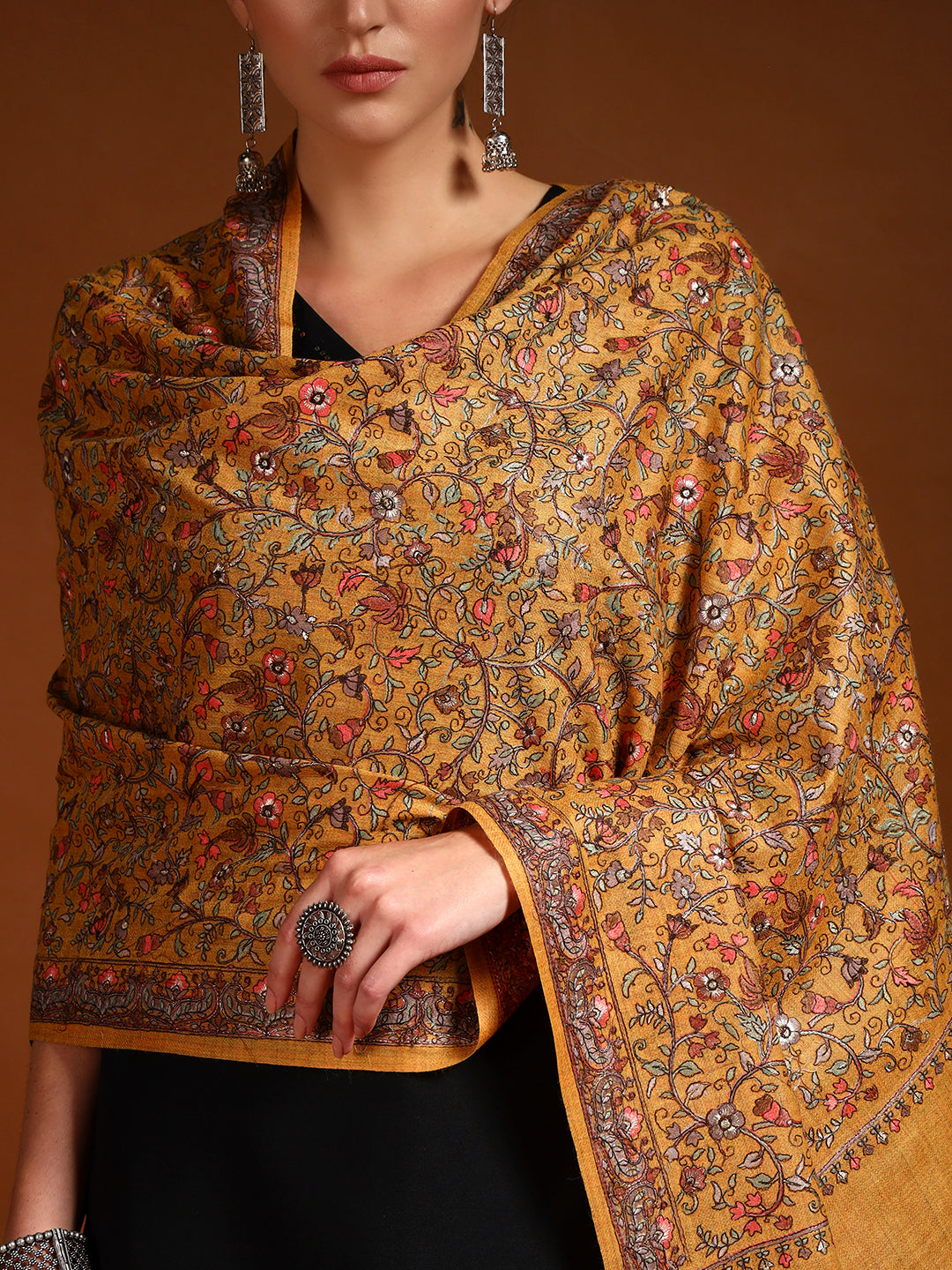 Pashmoda Women Shabnum 100% Pure Wool Sozni Hand Embroidered Stole (Size-71 × 203 cm)