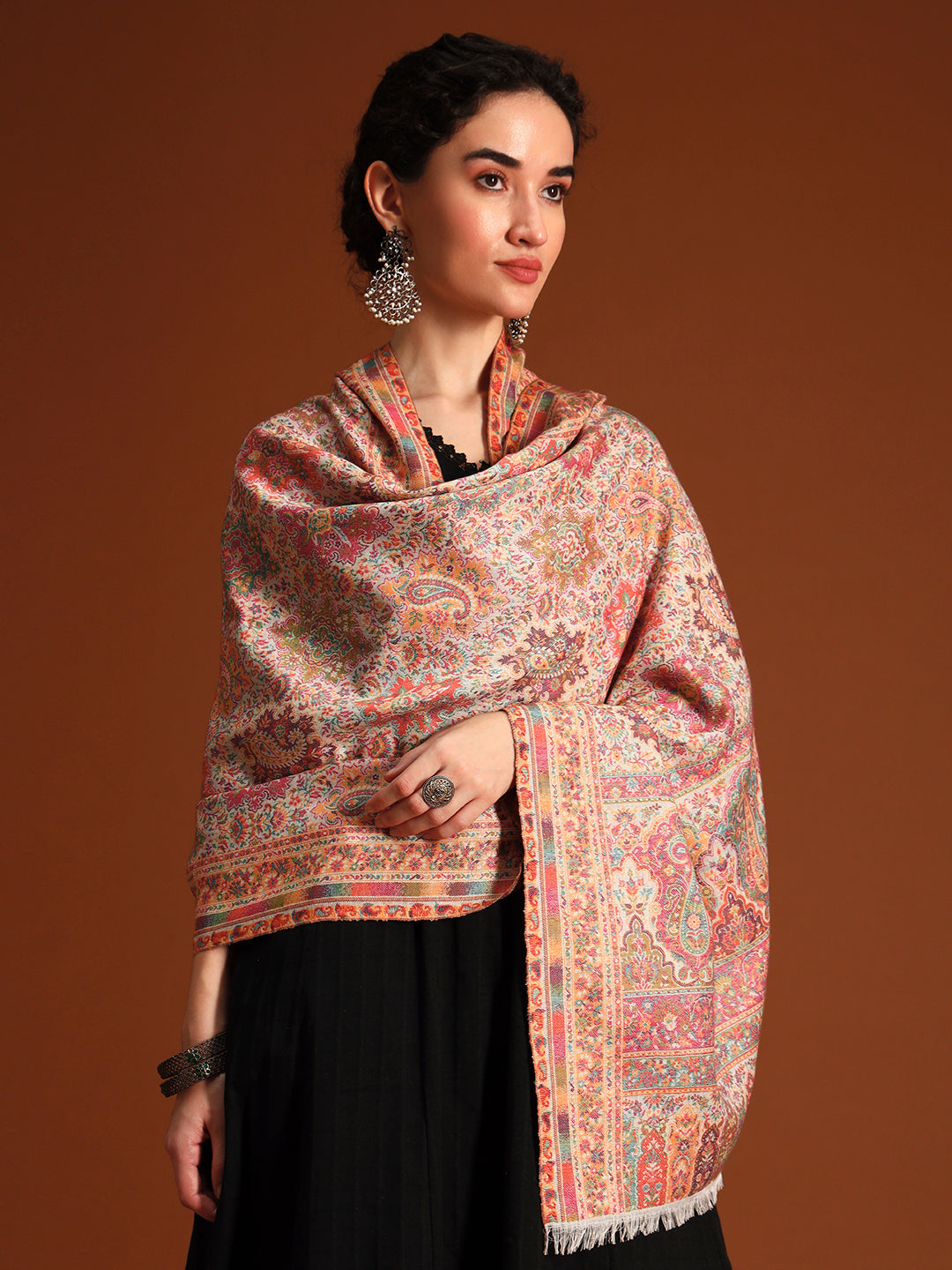 Pashmoda Imperial Shahkaar Gulistan kaani stole Stole for Women, Wool Blend Pashmina Style Shawl Wrap, Traditional Kashmiri Jamawar Woven Design, Luxury Evening & Festive Scarf (28 x 80 Inches)