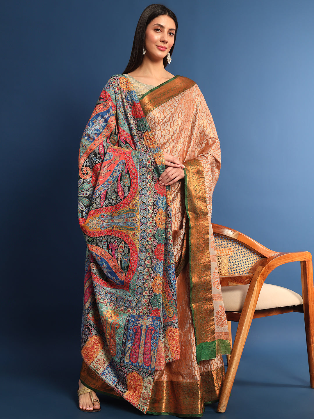 Women Gulsher Fine Wool Fabric Pashmina Kalamkari Embroidered Shawl (Size: 115x230 CM)