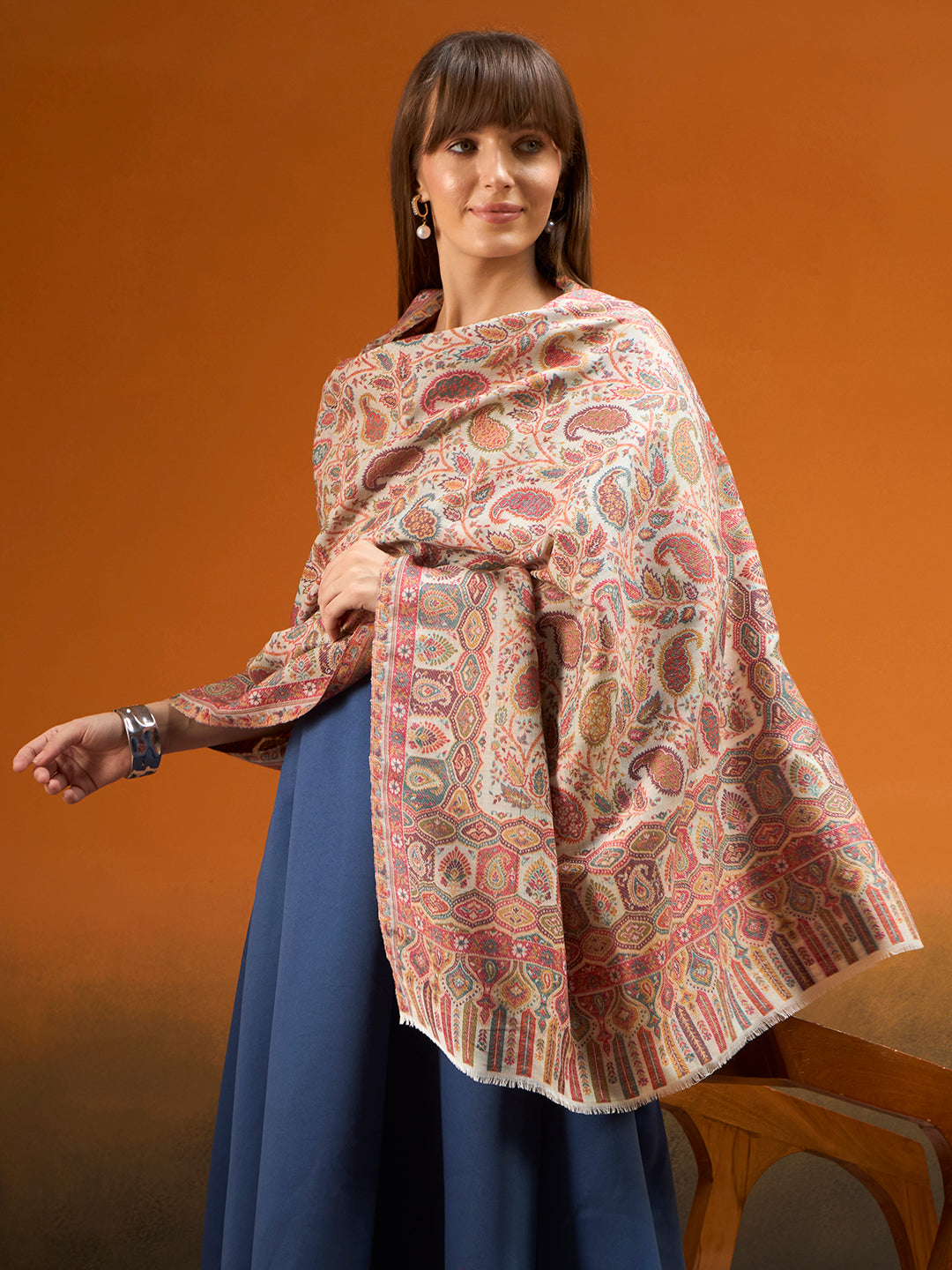 Pashmoda  Imperial Gulzar kaani stole Stole for Women, Wool Blend Pashmina Style Shawl Wrap, Traditional Kashmiri Jamawar Woven Design, Luxury Evening & Festive Scarf (28 x 80 Inches)