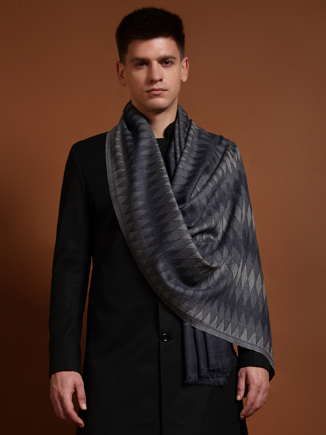 Pashmoda Men 100% Pure Wool Checkered Ikat Stole, Natural & Sustainable Shawl Wrap, Heritage Kashmiri Pashmina Style, Blue2 Colour (28 x 80 Inches)