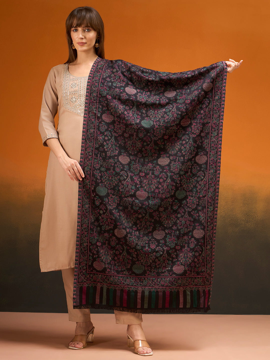 Pashmoda  Imperial Aurelia Stole for Women, Wool Blend Pashmina Style Shawl Wrap, Traditional Kashmiri Jamawar Woven Design, Luxury Evening & Festive Scarf (28 x 80 Inches)