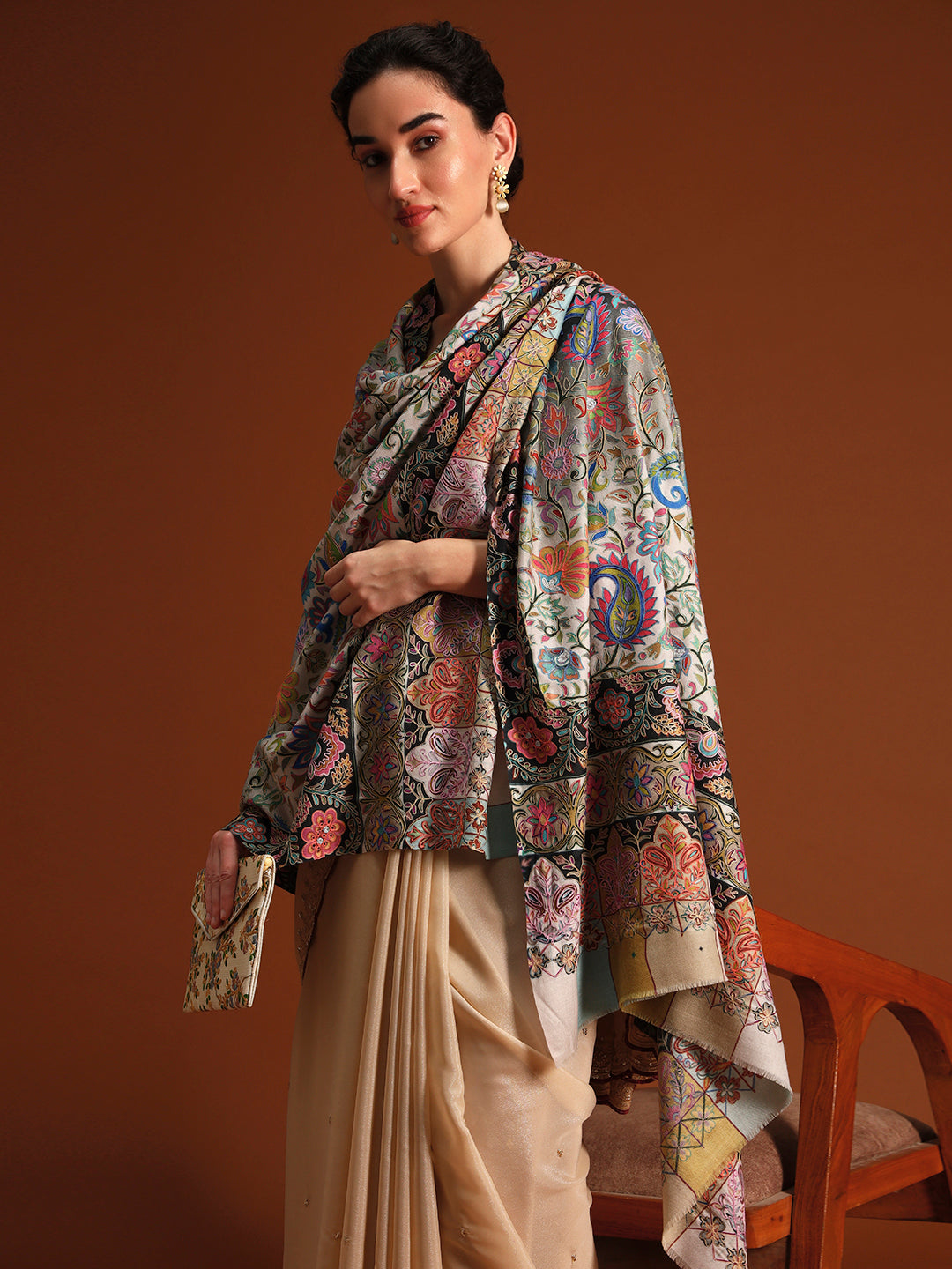 Women Twilight paisley Fine Wool Fabric Kalamkari Embroidered Shawl,