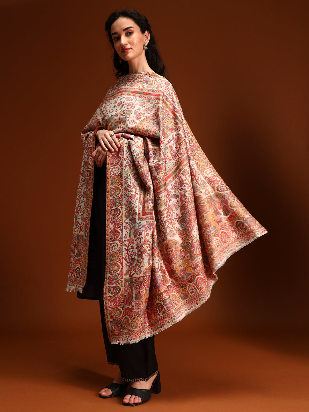 Pashmoda Women Shahi Manzar Kaani Wool Blend Kashmiri Shawl, Stole, Scarf | Luxury Pashmina Jamawar Soft Warm Evening Wrap (Size 40X80 inches )
