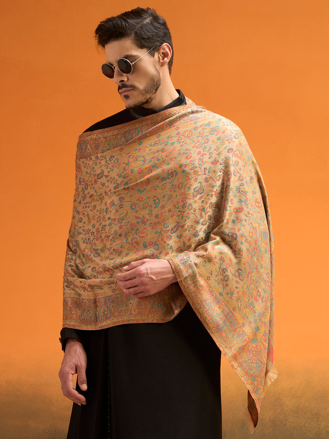 Pashmoda Men Royal botanica Kaani Stole, Authentic Kashmiri Pashmina Style Wool Shawl, Gents Lohi Wrap, Traditional Jamawar Woven Design, Beige Colour (28 x 80 Inches)