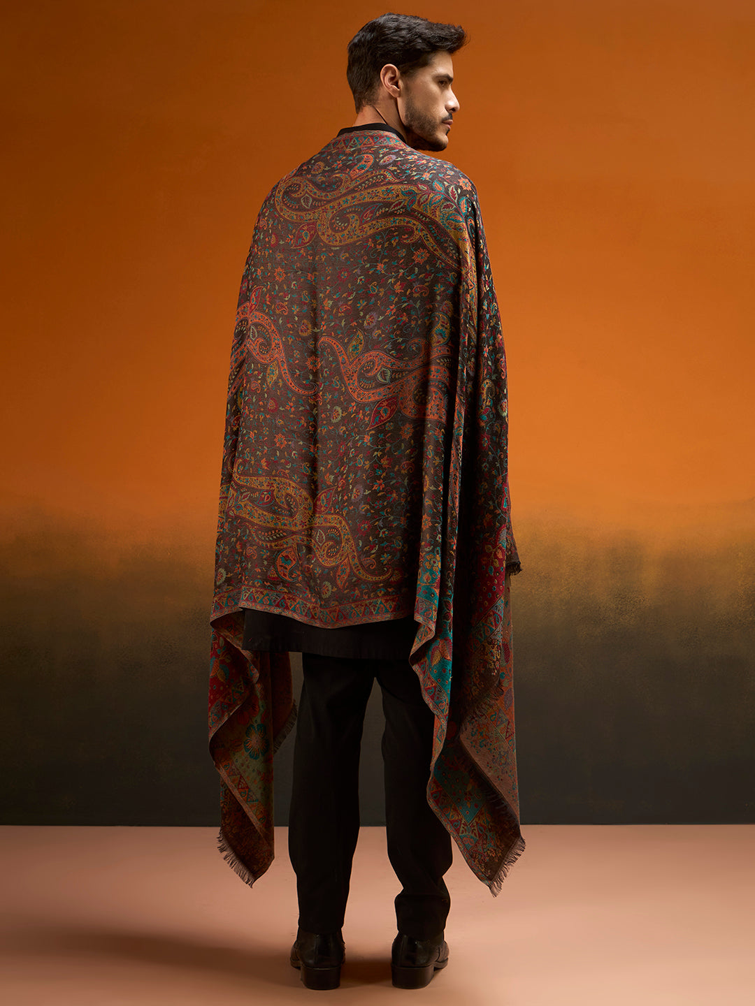Pashmoda Men Grand Paisley Kaani Shawl, Authentic Kashmiri Pashmina Style Wrap, Medium Gents Lohi, Traditional Jamawar Woven Design, Gift Box Packed, Black Colour (40 x 80 Inches)