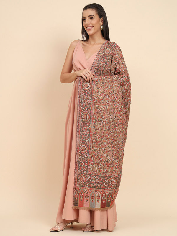 Women Beige Woven Design Jamawar Shawl (Size 101X203 CM)