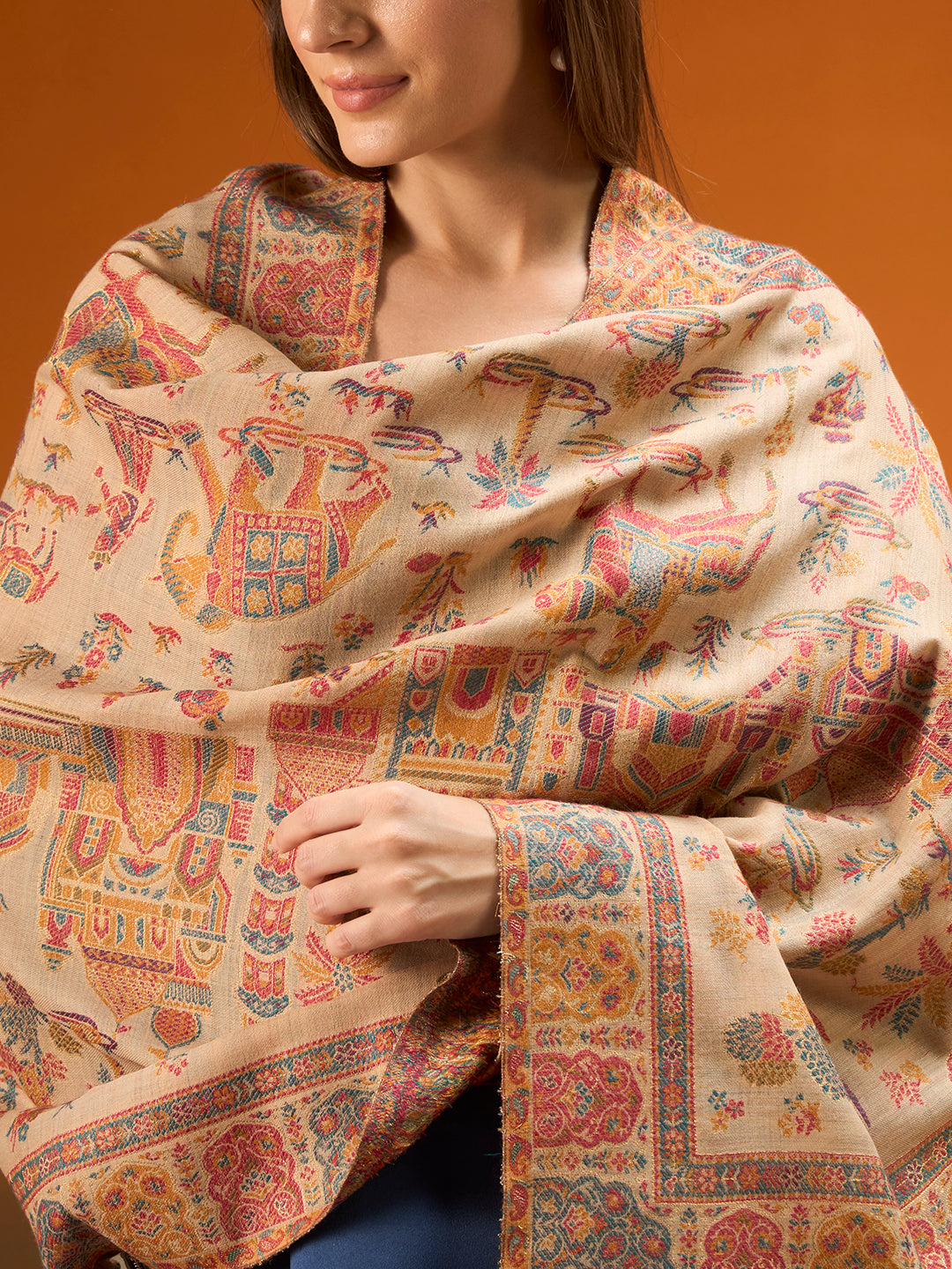 Pashmoda  Imperial Caravan kaani stole Stole for Women, Wool Blend Pashmina Style Shawl Wrap, Traditional Kashmiri Jamawar Woven Design, Luxury Evening & Festive Scarf (28 x 80 Inches)