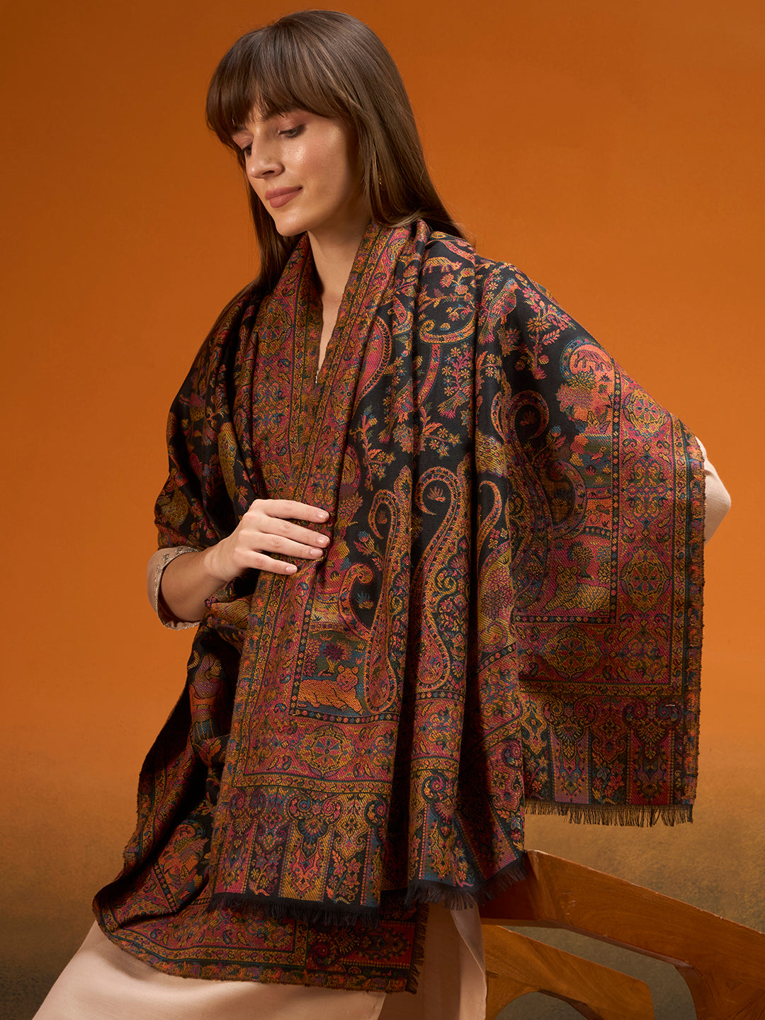 Pashmoda Women Royal gulistan Kaani Wool Blend Kashmiri Shawl, Stole, Scarf | Luxury Pashmina Jamawar Soft Warm Evening Wrap (Size 40X80 inches )