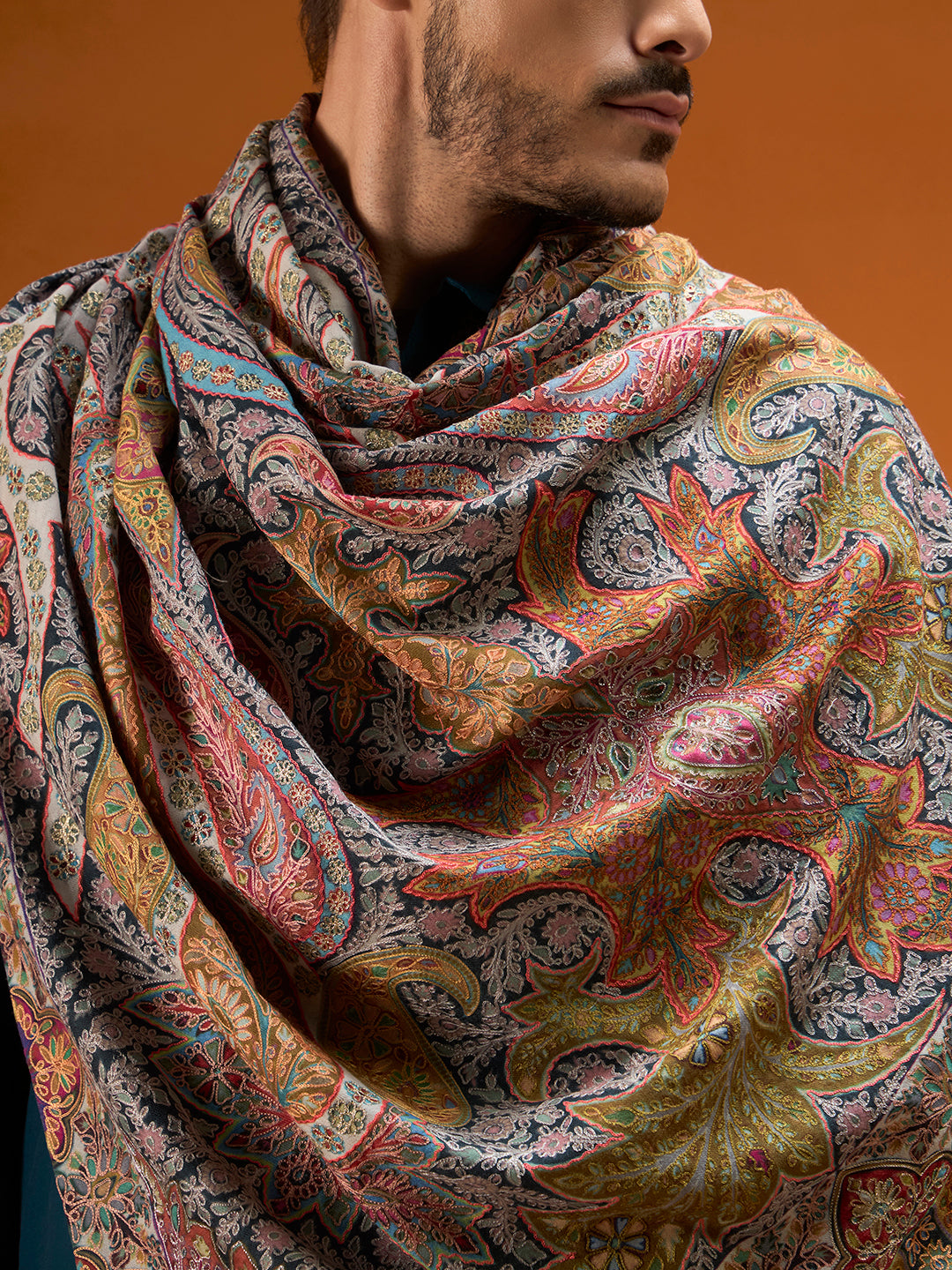 Men Stained Glass Fine Wool Kalamkari Embroidered Shawl