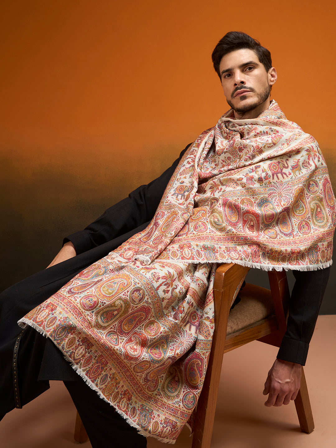 Pashmoda Men Kaani Orchard Fine Wool Kalamkari Embroidered Shawl, Stole and Wrap, Sustainable and Natural Fabric, Heritage Kashmiri Pashmina MEDIUM SIZE (Size 40x80 Inches)