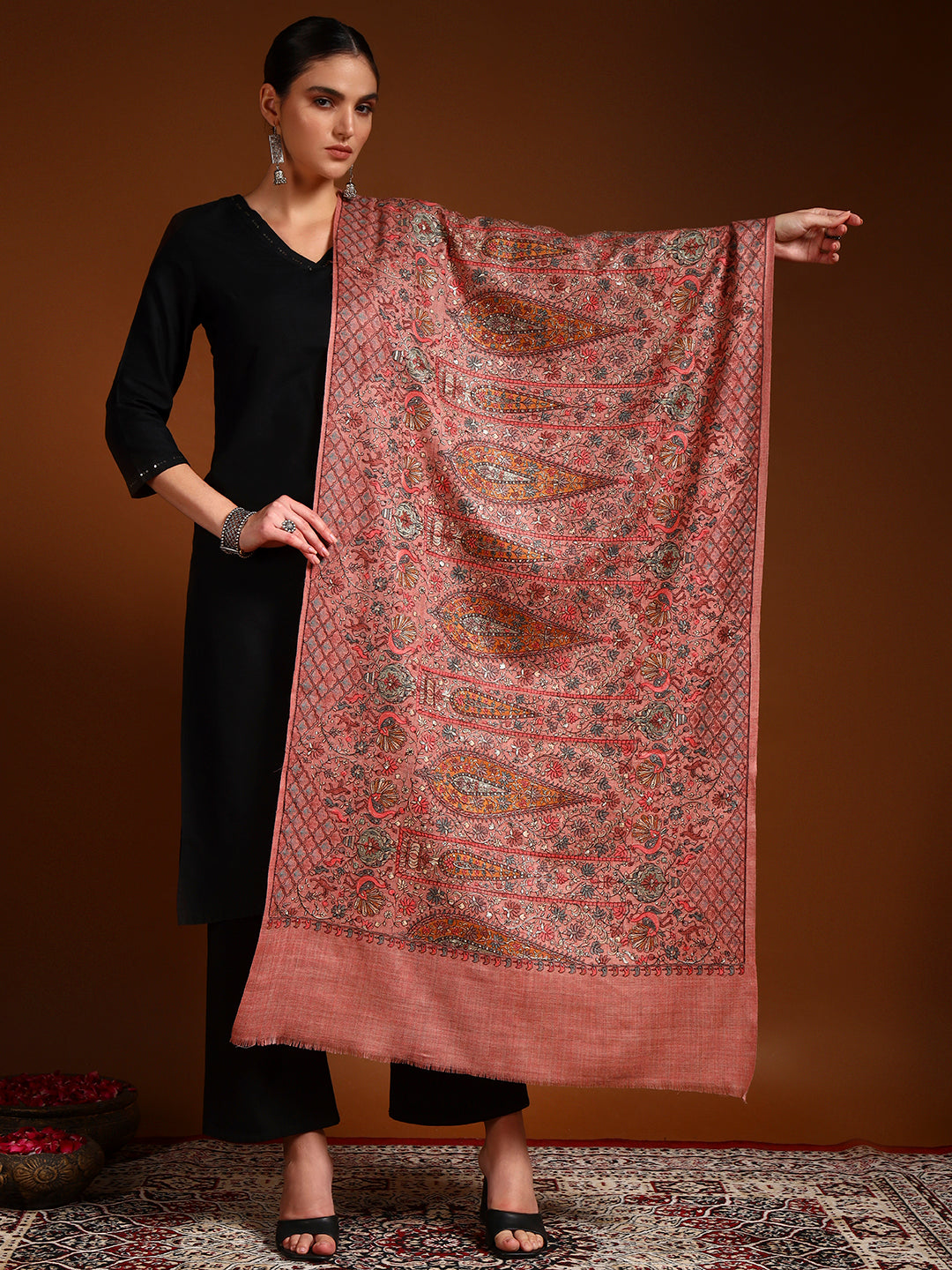 Pashmoda Women Nafeesah 100% Pure Wool Sozni Hand Embroidered Stole (Size-71x203cm)