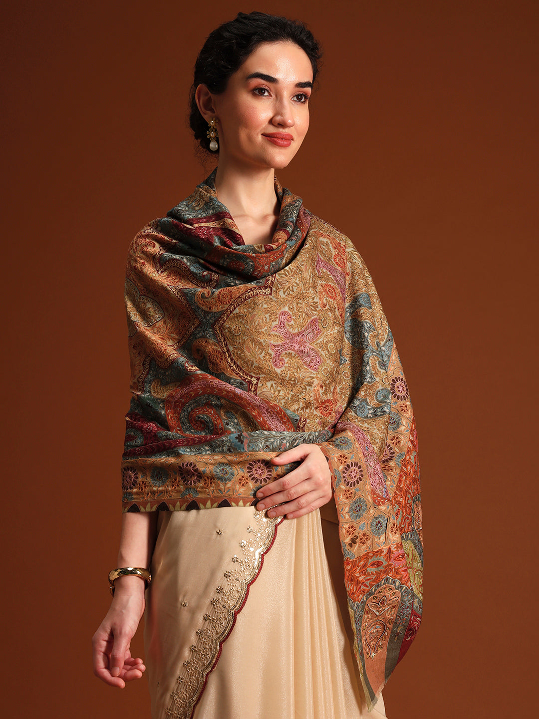 Women Kashish Fine Wool Fabric Kalamkari Embroidered Shawl