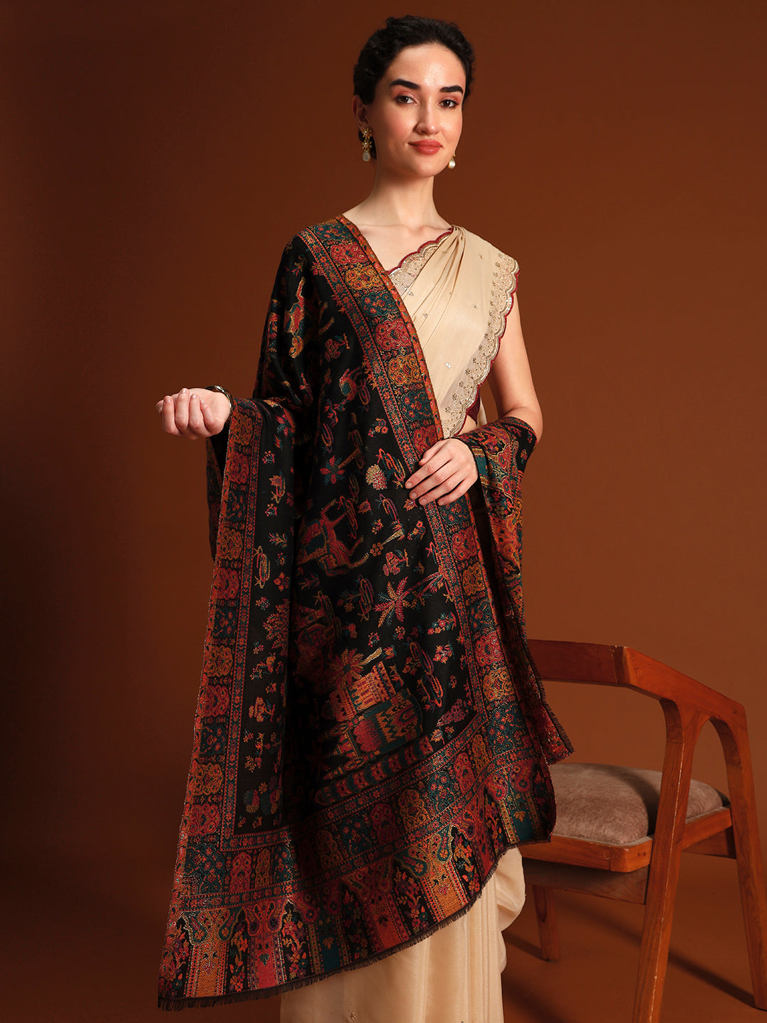 Pashmoda  Imperial Caravan kaani stole Stole for Women, Wool Blend Pashmina Style Shawl Wrap, Traditional Kashmiri Jamawar Woven Design, Luxury Evening & Festive Scarf (28 x 80 Inches)