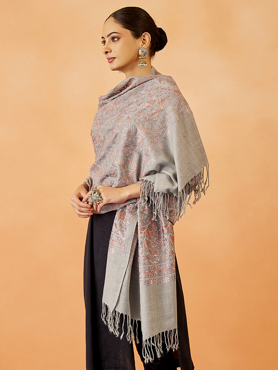 Women's Aangan Wool Blend Nalki Embroidered Stole (Size: 71x203 CM)