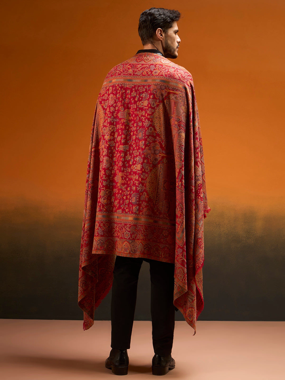 Pashmoda Men Shahi Manzar Fine Wool Kaani Shawl, Authentic Kashmiri Pashmina Style Wrap, Medium Gents Lohi, Traditional Jamawar Woven Design, Gift Box Packed, Maroon Colour (40 x 80 Inches)