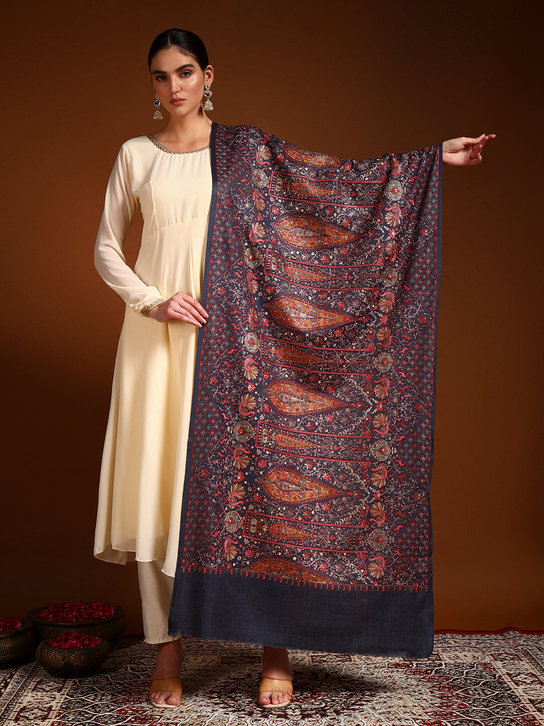 Pashmoda Women Nafeesah 100% Pure Wool Sozni Hand Embroidered Stole (Size-71x203cm)