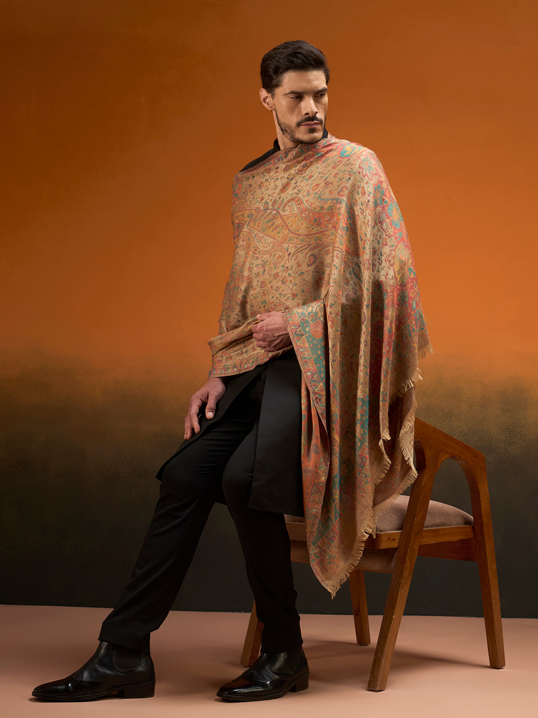 Pashmoda Men Grand Paisley Kaani Shawl, Authentic Kashmiri Pashmina Style Wrap, Medium Gents Lohi, Traditional Jamawar Woven Design, Gift Box Packed, Beige Colour (40 x 80 Inches)