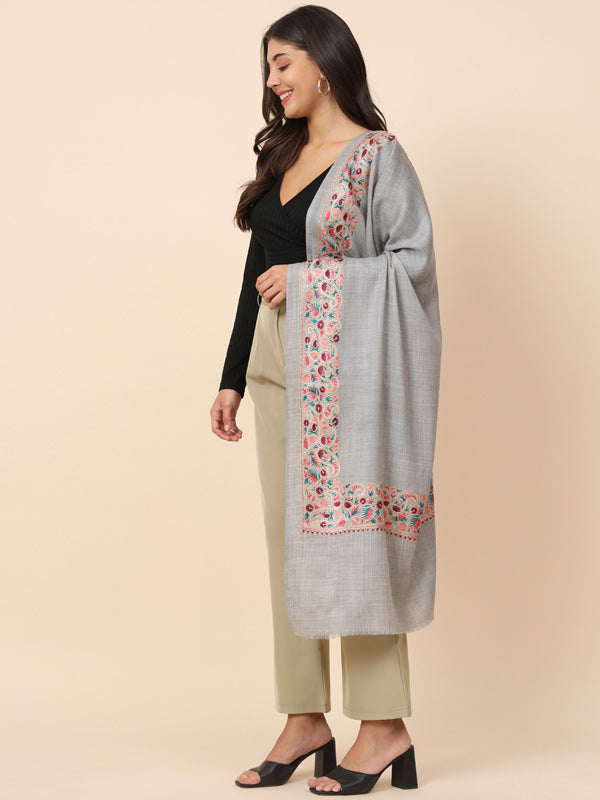 Women Light Grey Pure Wool Nalki Embroidered Stole (Size 71X203 CM)