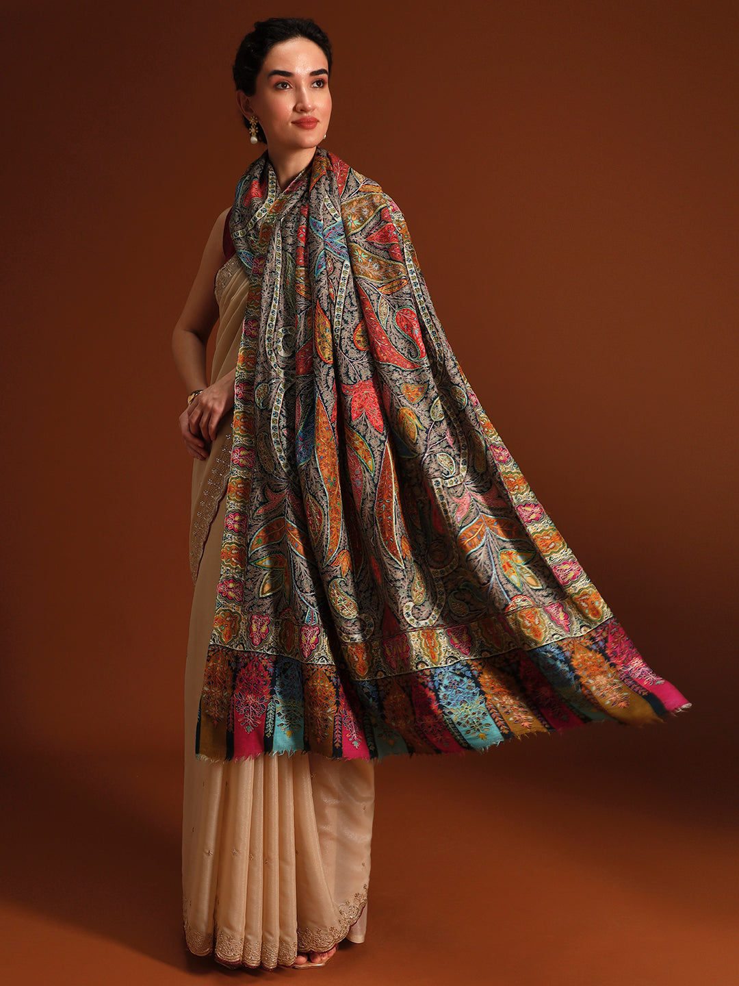 Women Chroma Royale Fine Wool Fabric Kalamkari Embroidered Shawl