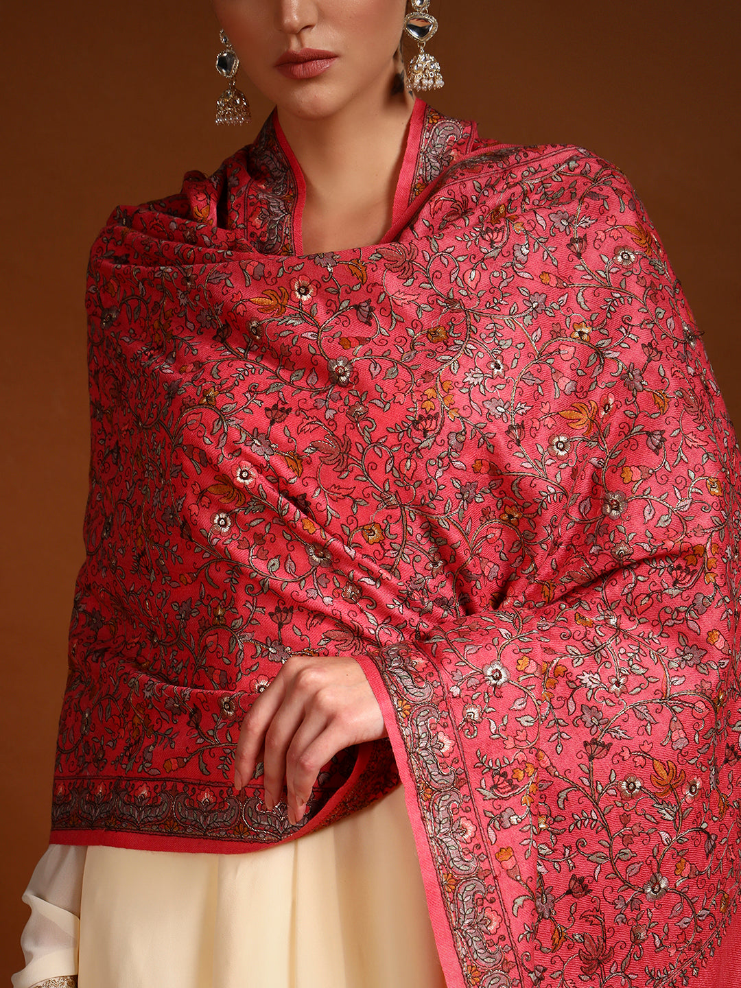 Pashmoda Women Shabnum 100% Pure Wool Sozni Hand Embroidered Stole (Size-71 × 203 cm)