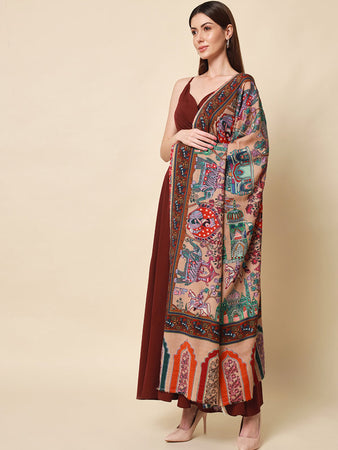 Pure Wool Fabric Kalamkari Embroidered Shawl (Size 40x80)