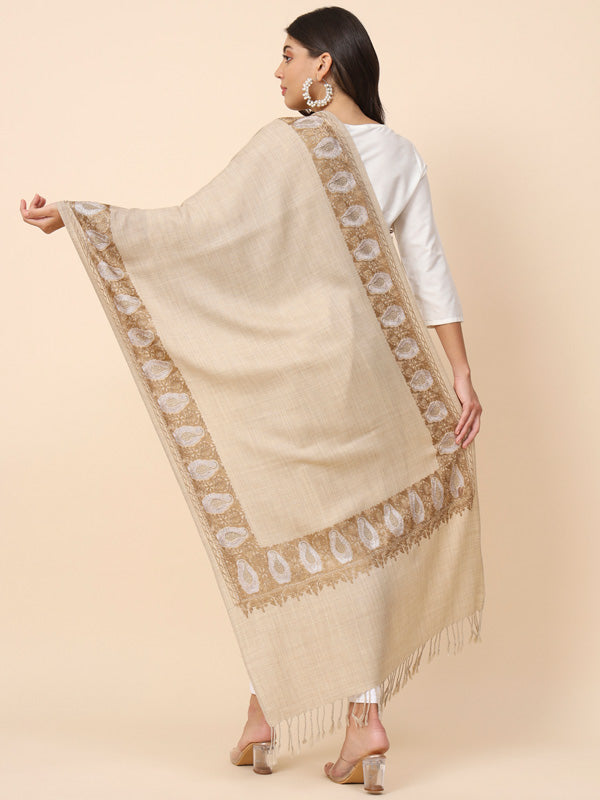 Women Beige Crystal Embellished Embroidered Stole (Size 71X203 CM)