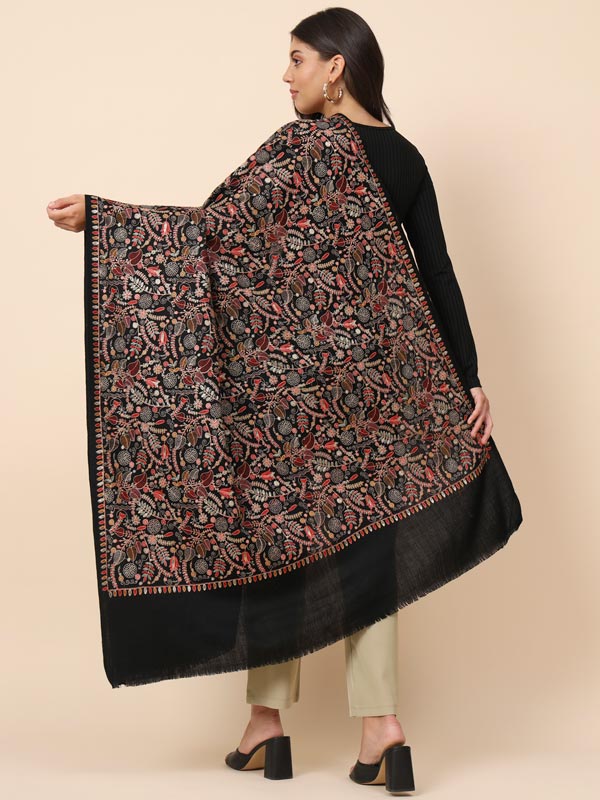 Women Black Pure Wool Embroidered Shawl (Size 101X203 CM)