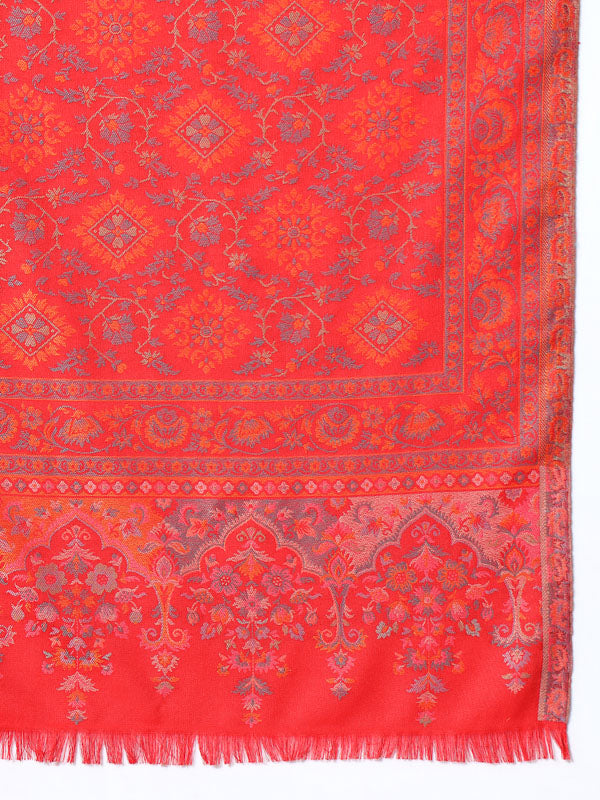 Women Red Woven Design Jamawar Shawl (Size 101X203 CM)
