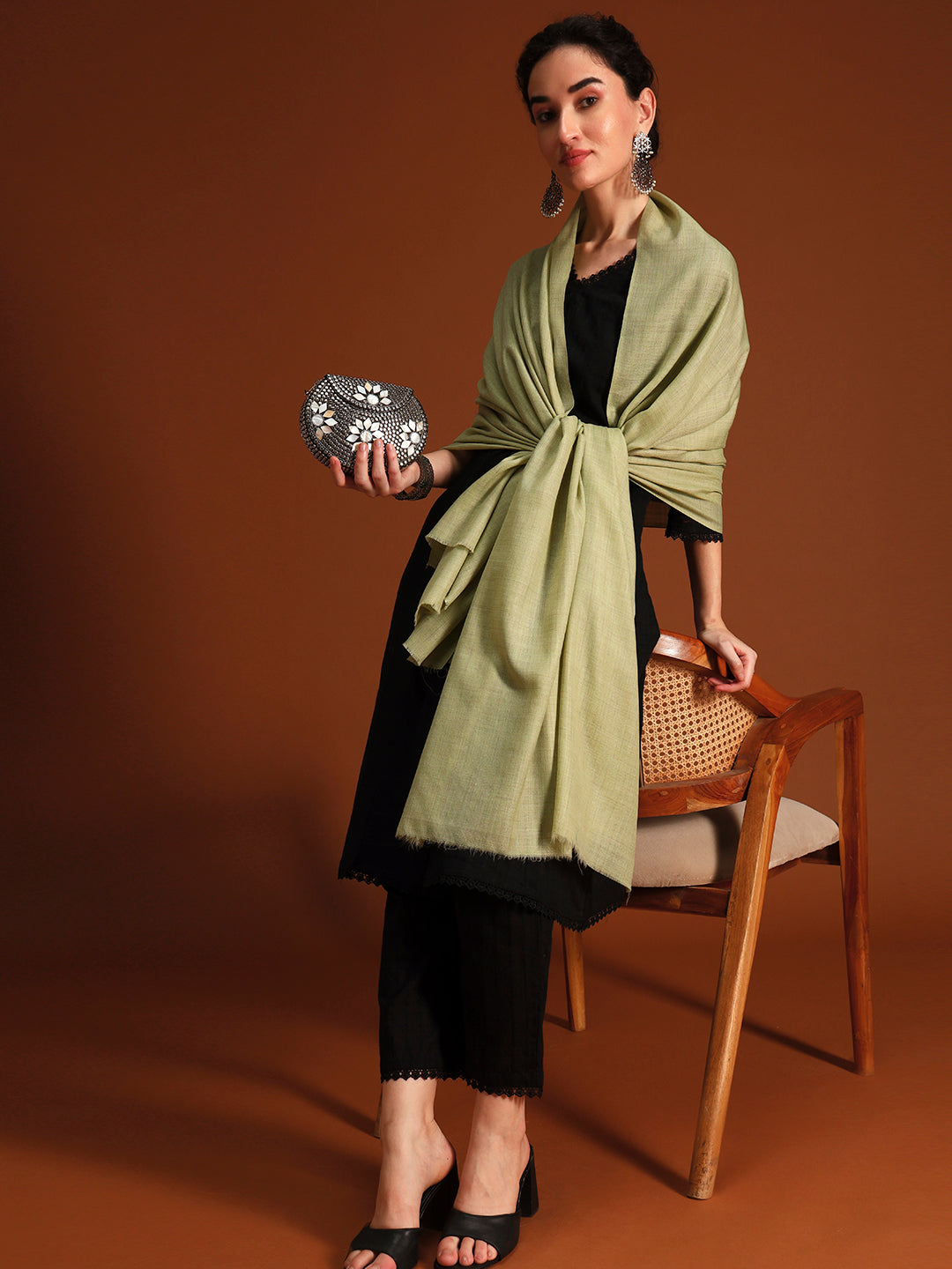 Women Verdant Grace Fine Wool Blend Solid Melange Shawl