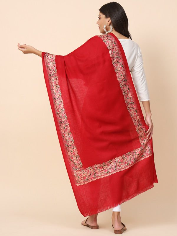 Women Maroon Pure Wool Nalki Embroidered Stole (Size 71X203 CM)