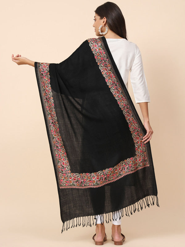 Women Black Pure Wool Nalki Embroidered Stole (Size 71X203 CM)