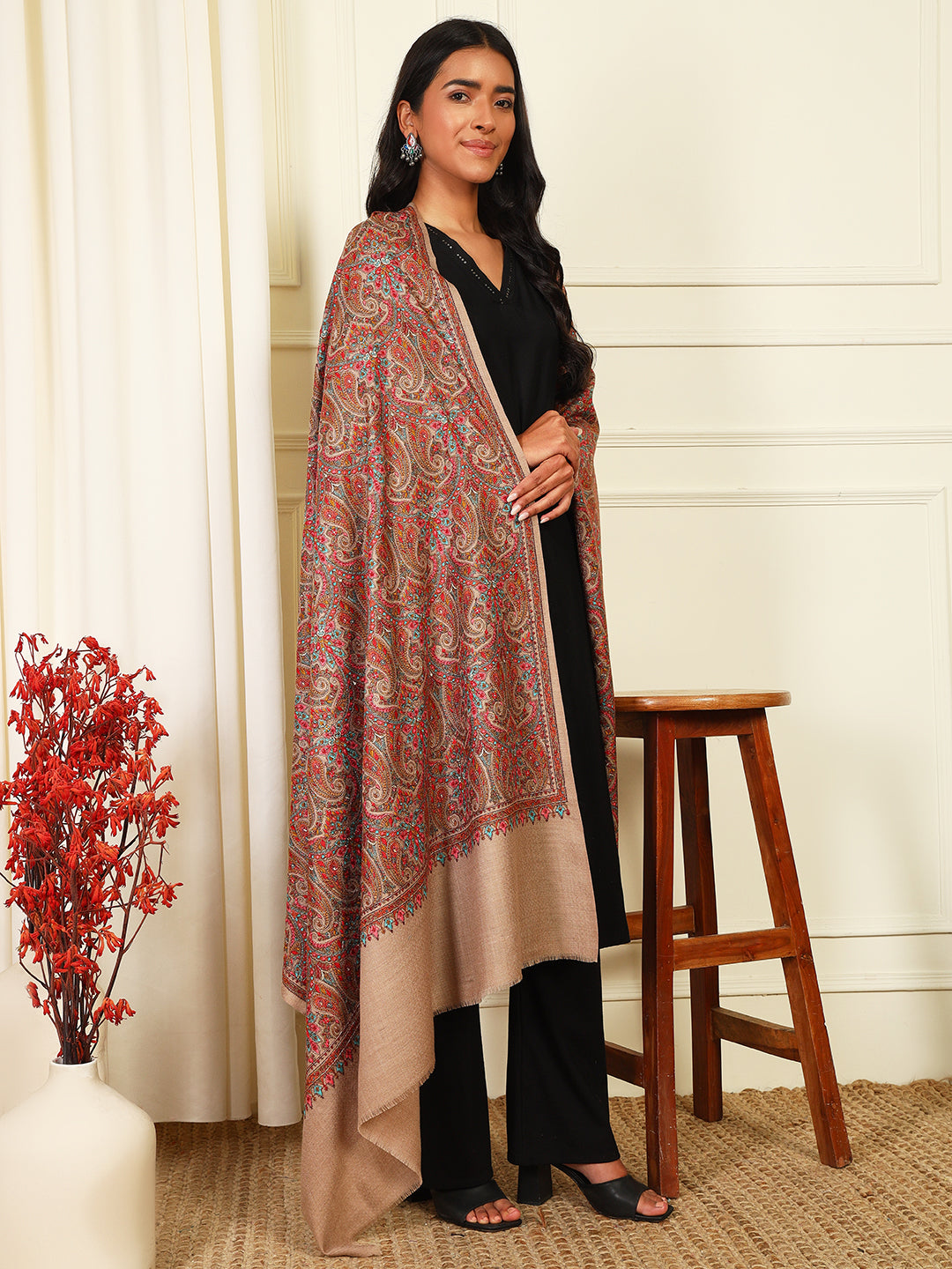 Pashmoda Women’s Aabroo 100% Fine Wool Sozni Hand Embroidered Shawl (Size: 101x203 Cm)