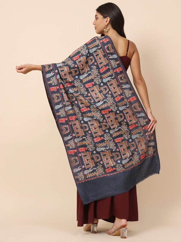 Women Navyblue Pure Wool Embroidered Stole (Size 71X203 CM)