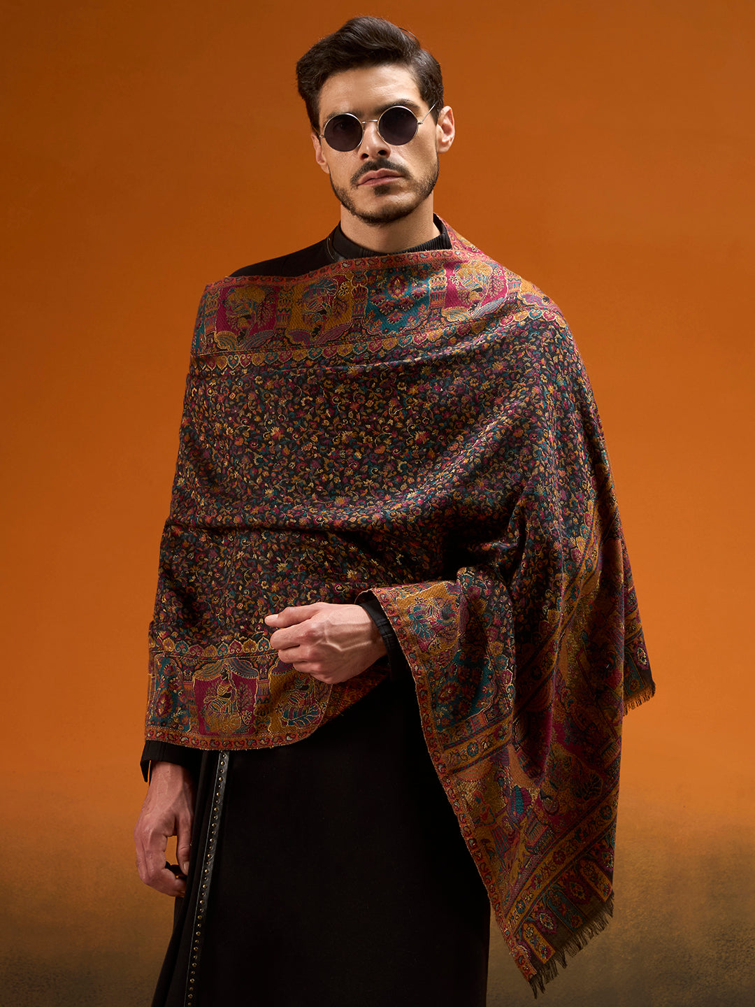 Pashmoda Men Persian Court Kaani Stole, Authentic Kashmiri Pashmina Style Wool Shawl, Gents Lohi Wrap, Traditional Jamawar Woven Design, Black Colour (28 x 80 Inches)