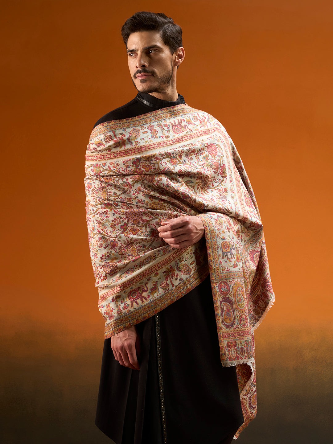 Pashmoda Men Kaani Orchard Fine Wool Kalamkari Embroidered Shawl, Stole and Wrap, Sustainable and Natural Fabric, Heritage Kashmiri Pashmina MEDIUM SIZE (Size 40x80 Inches)