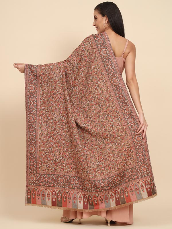 Women Beige Woven Design Jamawar Shawl (Size 101X203 CM)