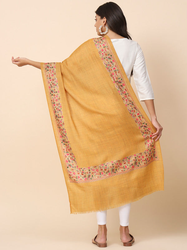 Women Yellow Pure Wool Nalki Embroidered Stole (Size 71X203 CM)