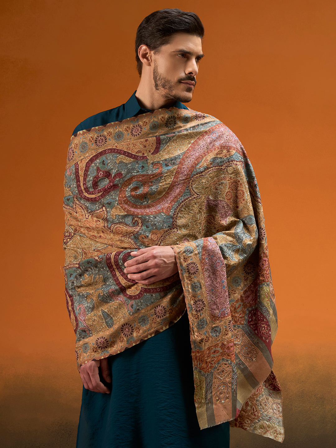 Men Kashish Fine Wool Kalamkari Embroidered Shawl
