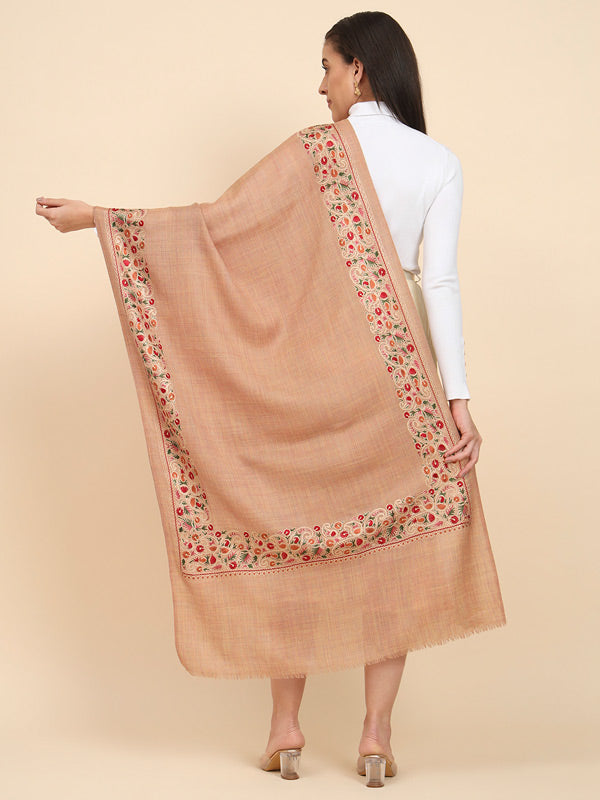 Women Beige Pure Wool Nalki Embroidered Stole (Size 71X203 CM)